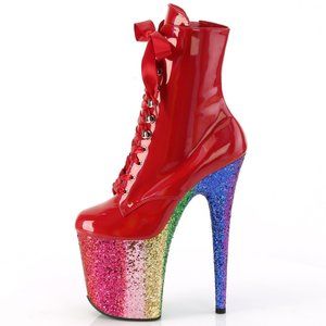 Rainbow Glitter Platform High Heel Lace Up Ankle Boots